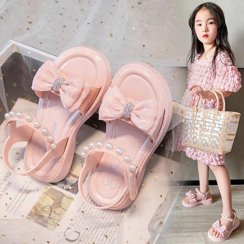 Giày sandal bé gái đính nơ hạt châu cực xinh chất nhựa mềm dẻo chống trơn chống nước đi học đi biển - SE002 - Đen