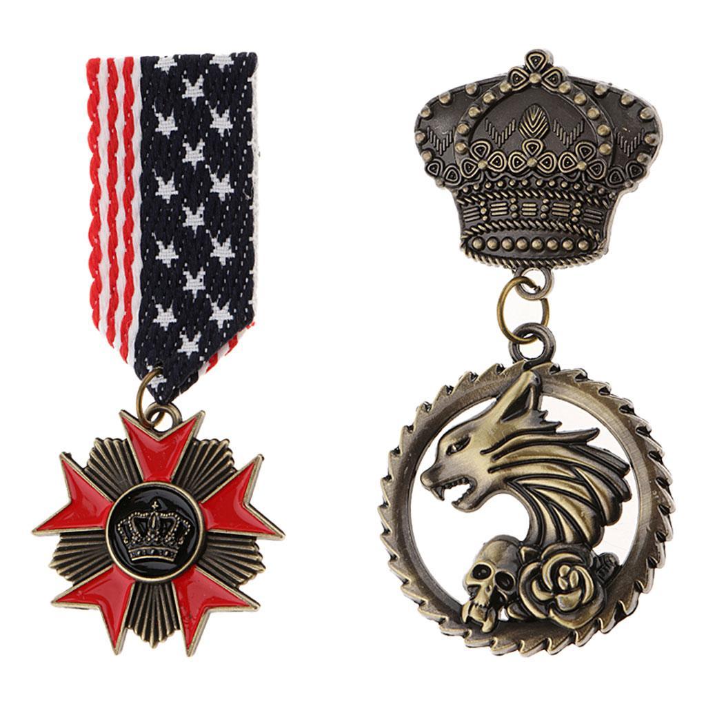 2pcs Vintage Style Geometric Medal Crown Badge Charms Shirt Brooch Pin Fancy Dress Costume Cosplay Uniform Corsage Jewelry