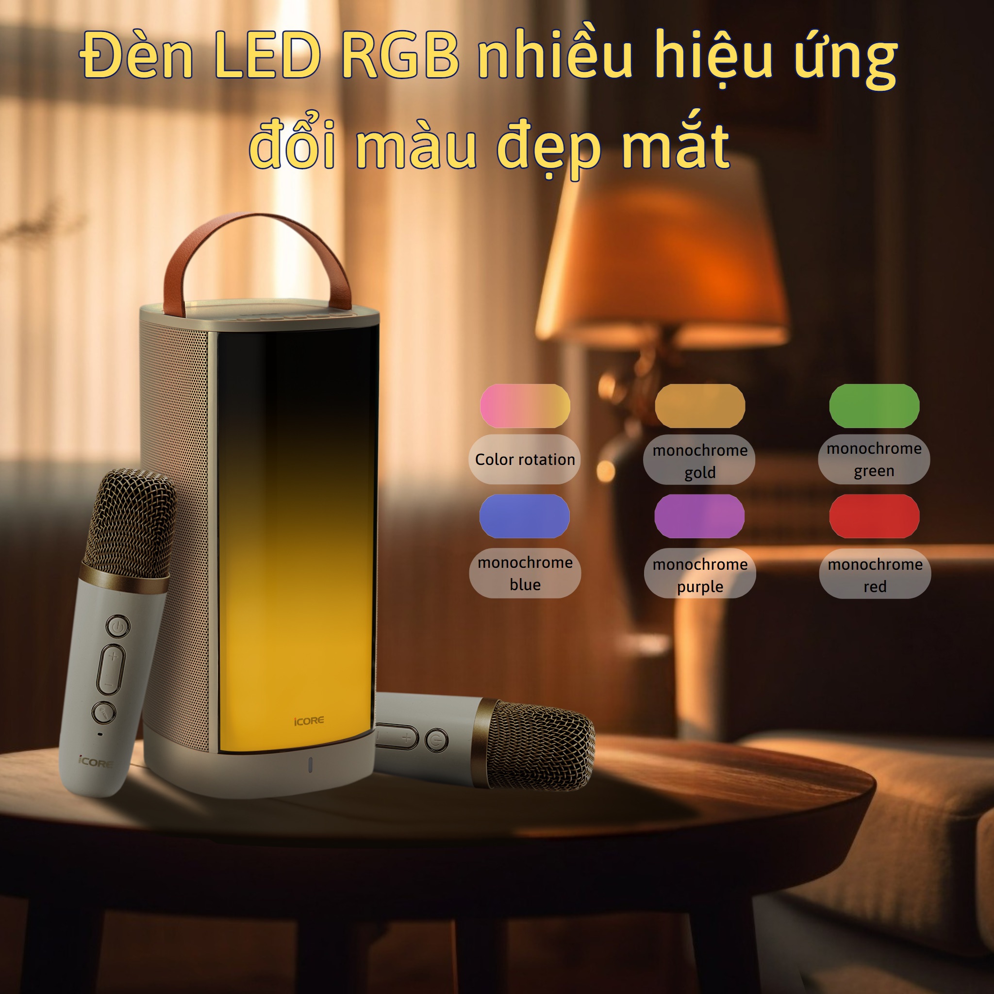 Bộ Loa Karaoke Mini Bluetooth iCore iParty kèm 2 micro không dây - Hàng chính hãng