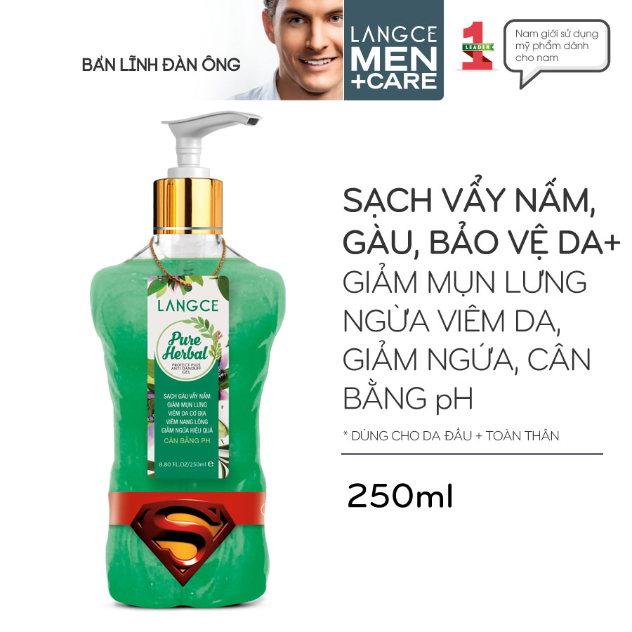 Tắm Gội Dược Liệu Sạch Vẩy Nấm, Gàu Bảo Vệ+ Da Ngừa Mụn Lưng 250ml cho Nam TẶNG Gel Vệ Sinh Vùng Kín Nam 100ml LANGCE