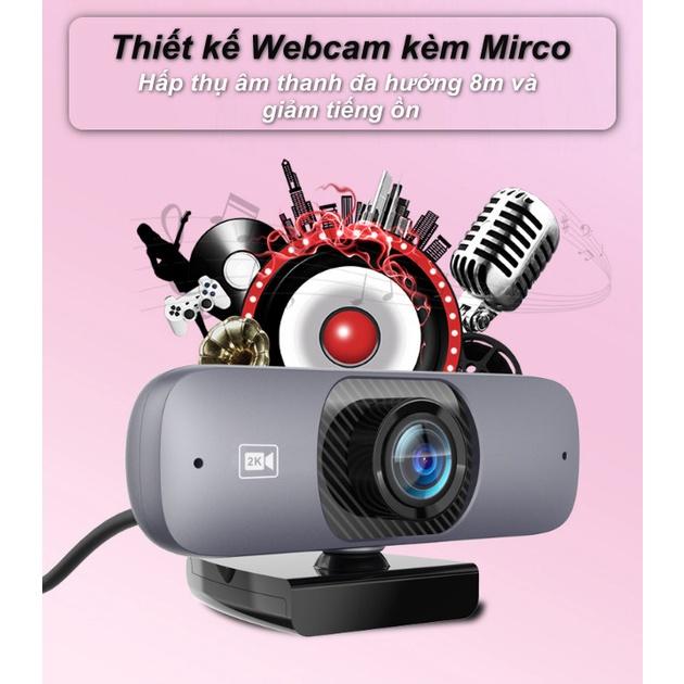 Webcam UHD 2K Tích Hợp Micro, Xoay 360 Độ, Góc nhìn siêu rộng 130°, Phù Hợp Hội Nghị Học Online