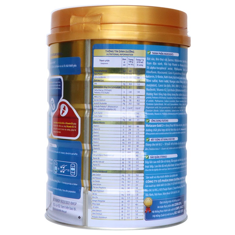 Sữa bột MetaCare Gold 2+ lon 900g, giúp bé tiêu hóa khỏe, tăng hấp thu, tăng cân, phát triển chiều cao
