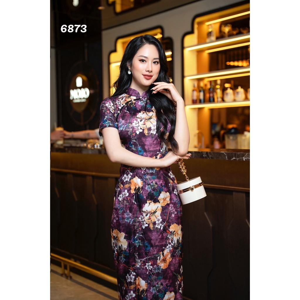 Đầm EMY EM6873 Sườn Xám Tím Cổ Tàu