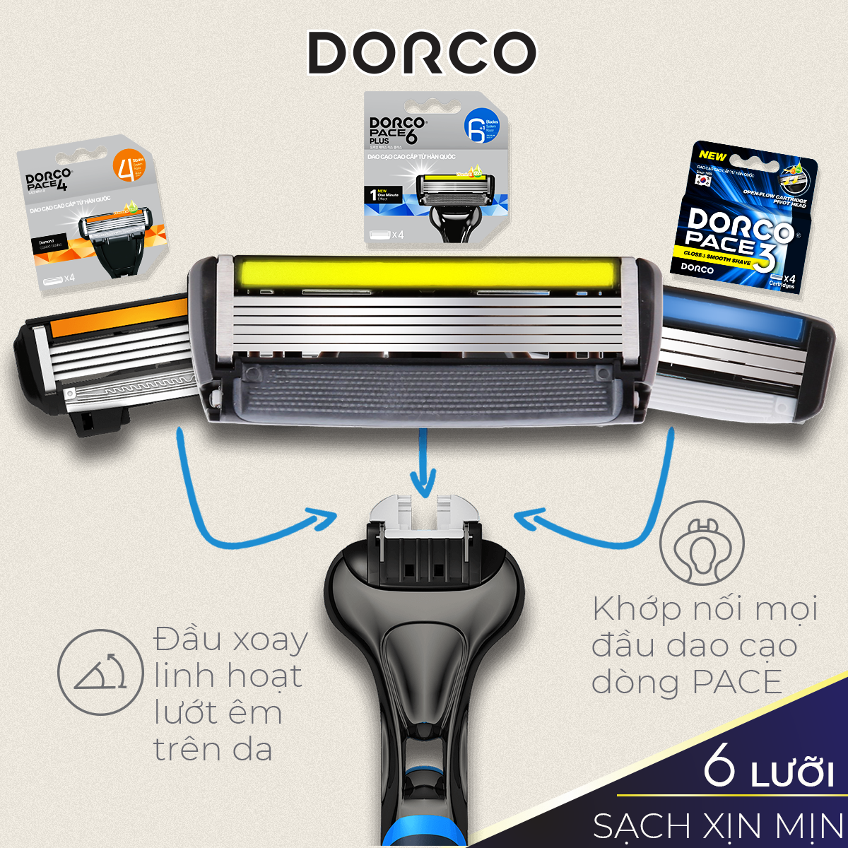 Dao Cạo Râu 6 Lưỡi Dorco Pace 6 Plus SXA 5001-PT (6 Lưỡi + Đầu Cắt Tóc Mai)