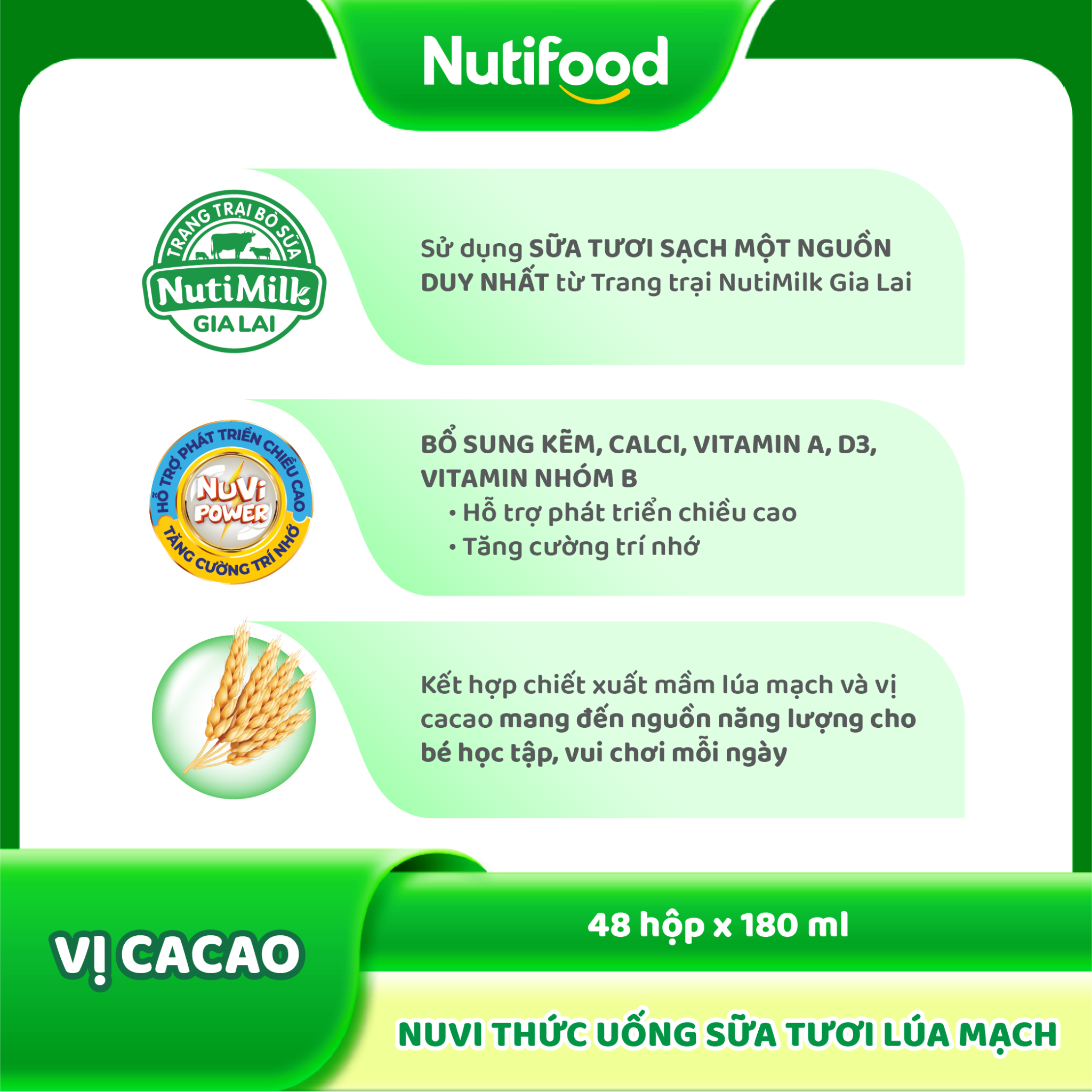Thùng 48 hộp Sữa Tươi Lúa Mạch Nuvi Vị Ca Cao 180ml - Phát Triển Chiều Cao, Tăng Cường Trí Nhớ