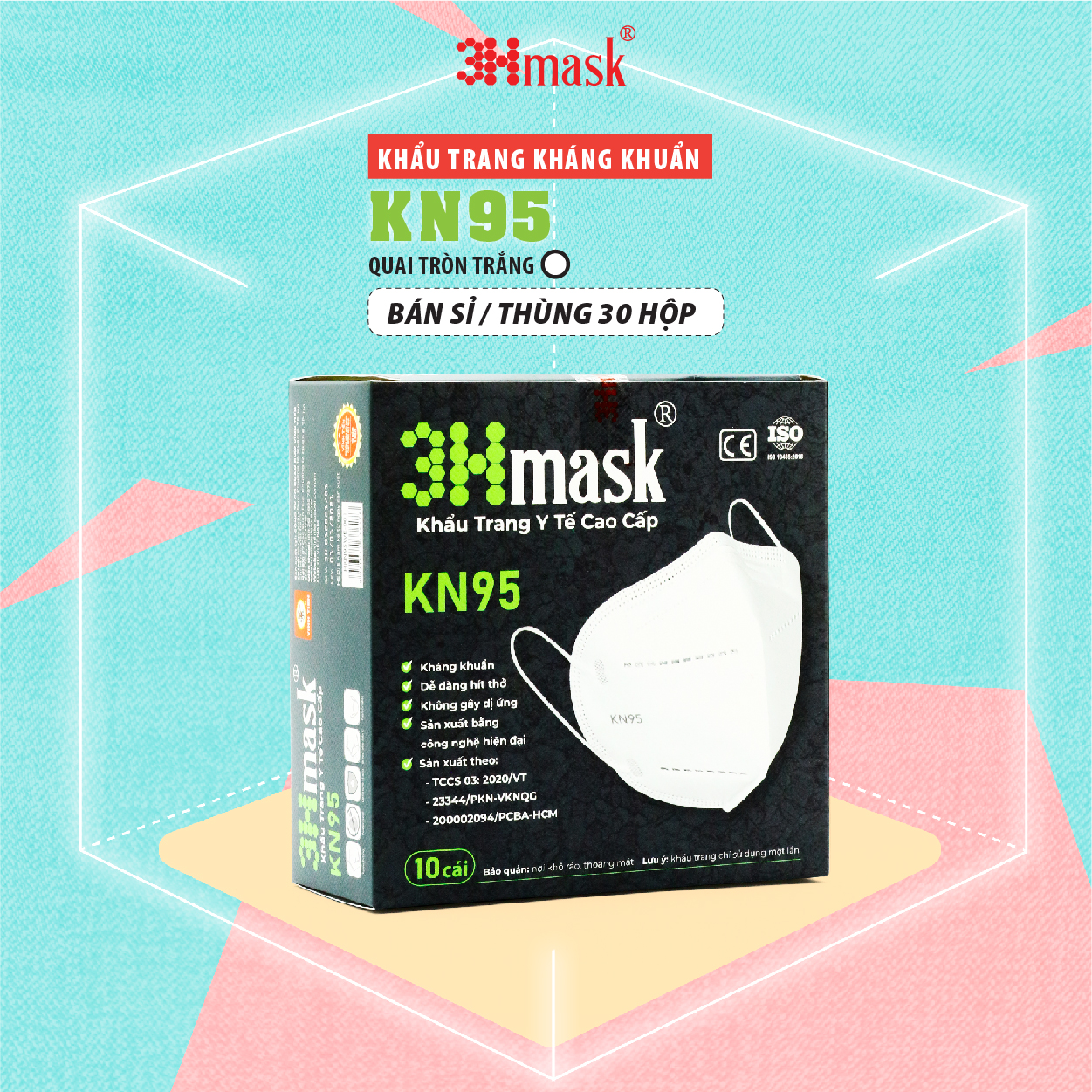 [Thùng 30 hộp] Khẩu Trang 3Hmask KN95 Quai Tròn Trắng (10 cái x 30 hộp)