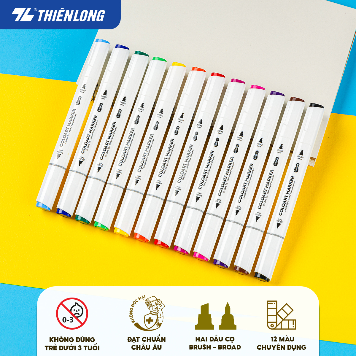 Bút dạ màu 2 đầu Art Marker Thiên Long Colokit - Bút dạ 12/24 màu, mực bền màu, mau khô dùng vẽ tranh, calligraphy