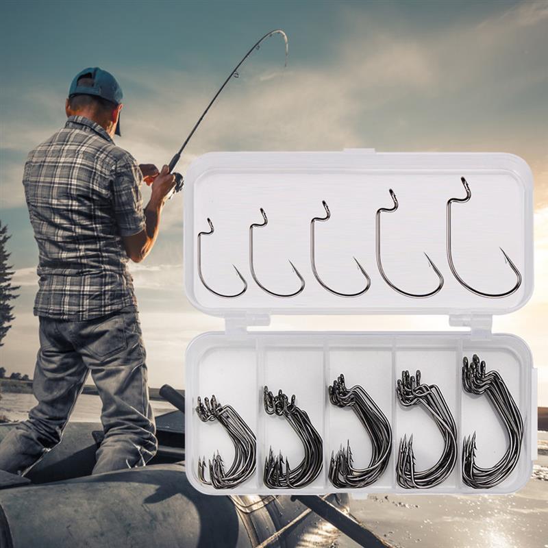 50pcs/lot Fishing Hook Carbon Steel Wide Gap Crank Offset Fishhook For Soft Lure Bass Barbed Carp Fishing Tackle Worm Hook