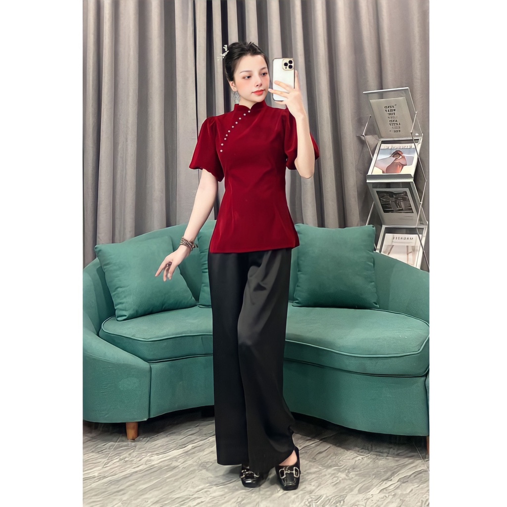 Bộ Đồ Lam Đi Lễ Chùa Cổ Tàu Tay Bồng Kèm Quần Culottes - Bộ Phật Tử Nữ Kèm Quần Ống Rộng