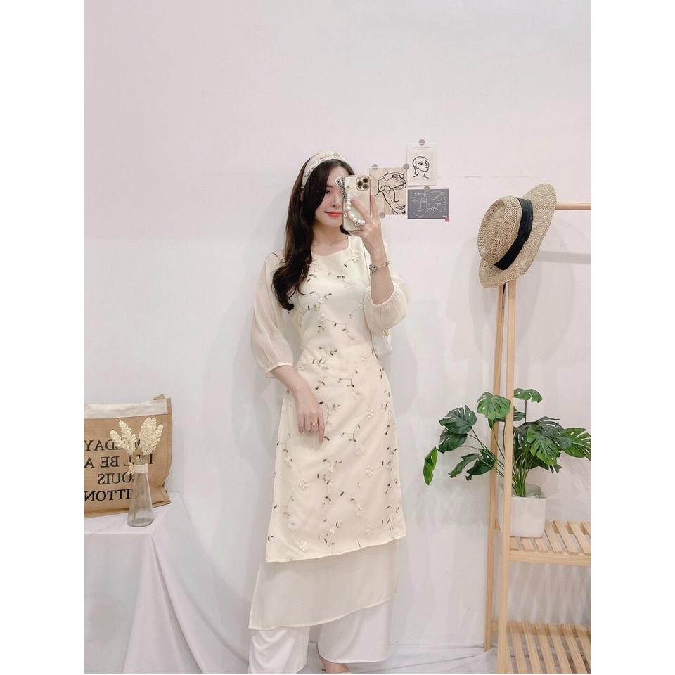 ÁO DÀI 3 LỚP HOA THUÊ PHONG CÁCH-Hình shop chụp thât