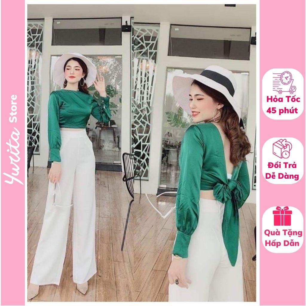 Áo Kiểu Nữ Cột Nơ Sau YURITA Tay Dài Chất Lụa Form Croptop Dễ Thương Phong Cách Hàn Quốc Đủ Màu Dễ Phối Đồ