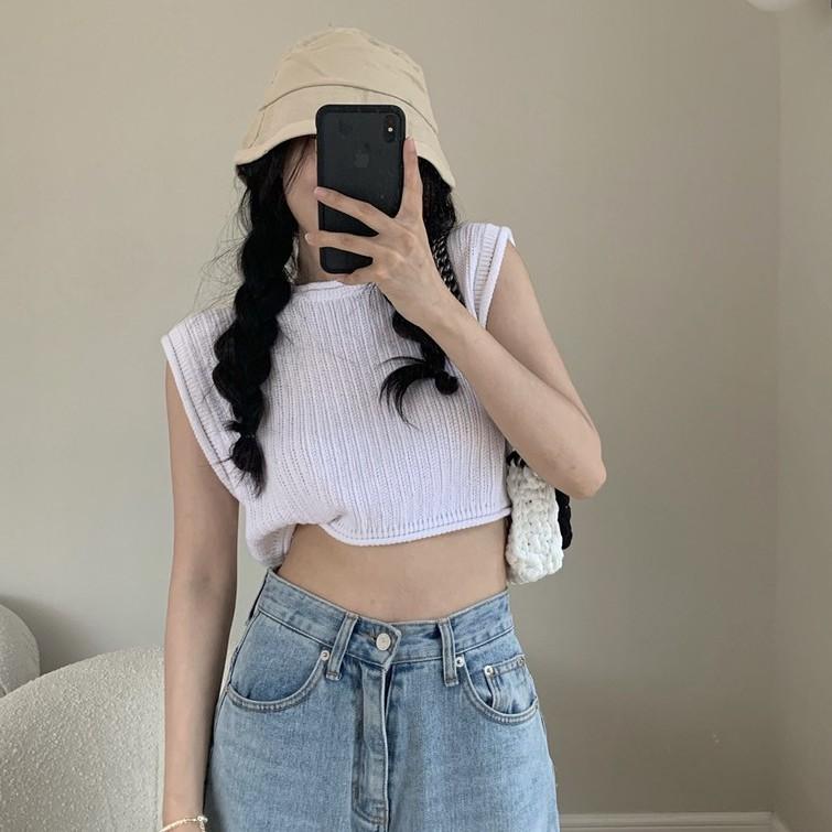 Cocory vn Áo croptop dệt kim không tay màu trơn thời trang Hàn Quốc sành điệu cho nữ