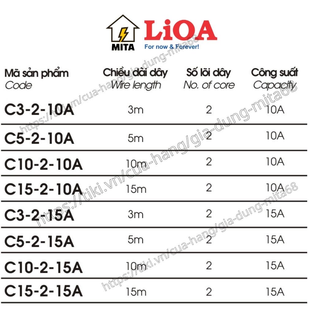 Cáp Nối Dài LiOA dây dài 3m/5m/10m/15m 10A-15A 2 lõi