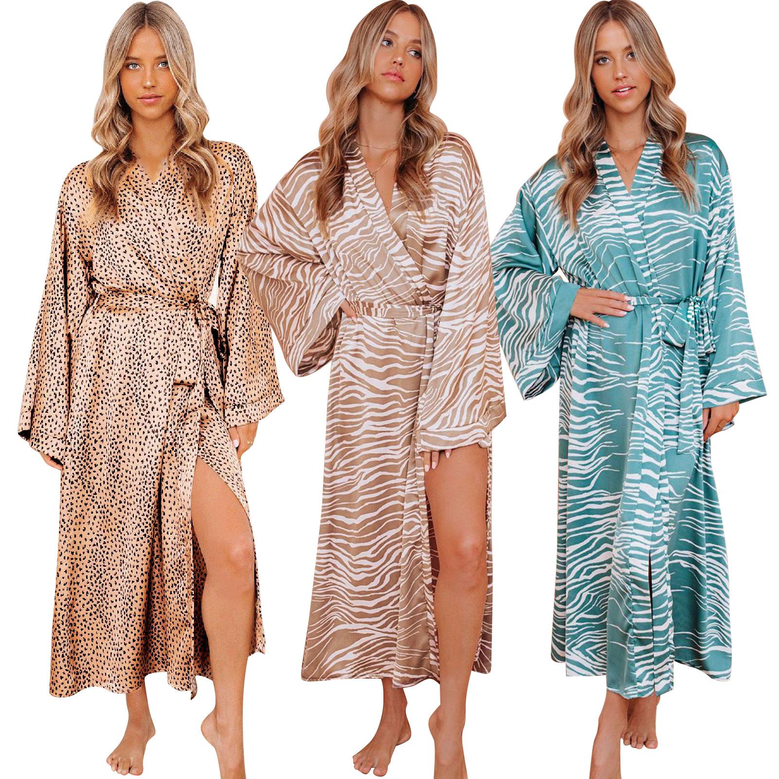 Women Night Robe Long Satin Printed Kimono V-neck Long Sleeve Pajamas Sleepwear Bathrobe