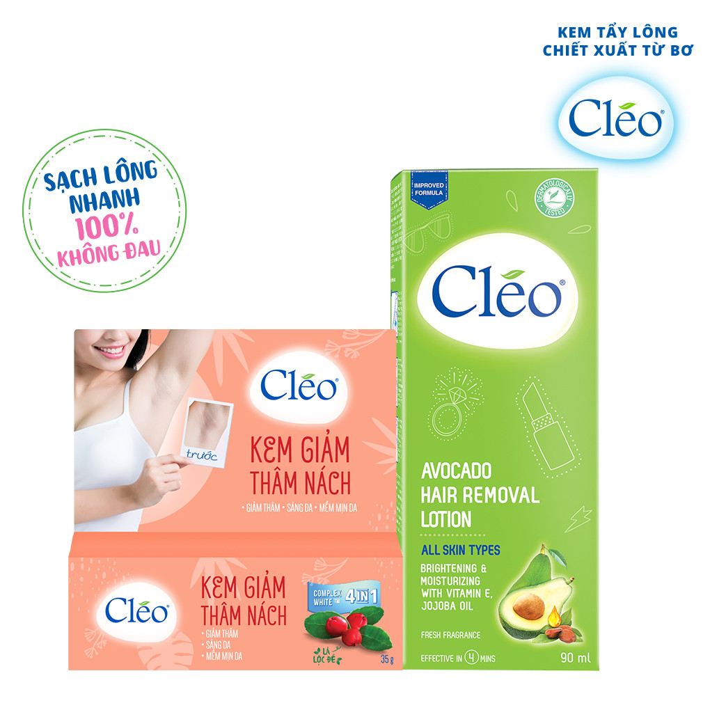 Combo tẩy lông chân tay Cléo dạng sữa chiết xuất bơ 90ml và kem giảm thâm, sáng da Cléo chiết xuất lá lộc đề 35g