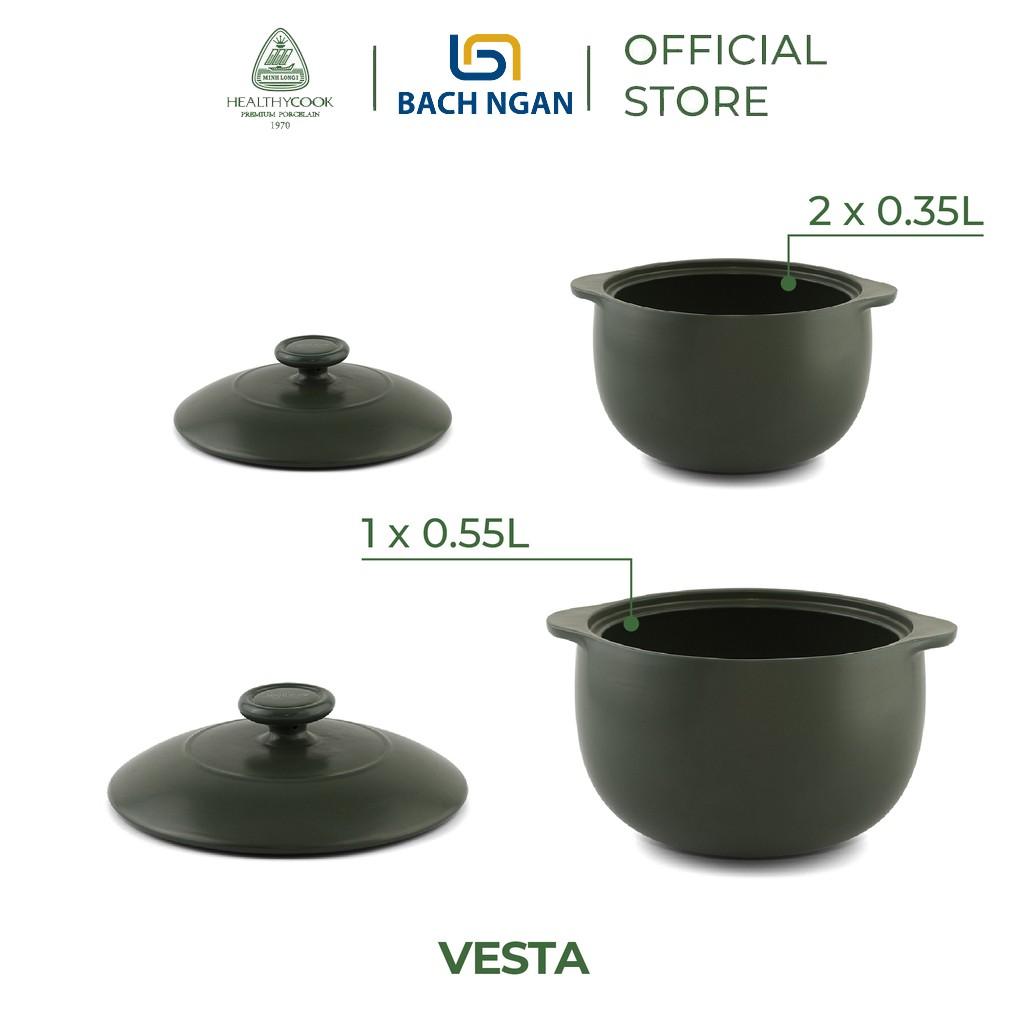Combo 6 Nồi Sứ Nhỏ Dưỡng Sinh Minh Long có nắp, tráng men xanh rêu, dùng bếp ga, hầm cháo, kho cá
