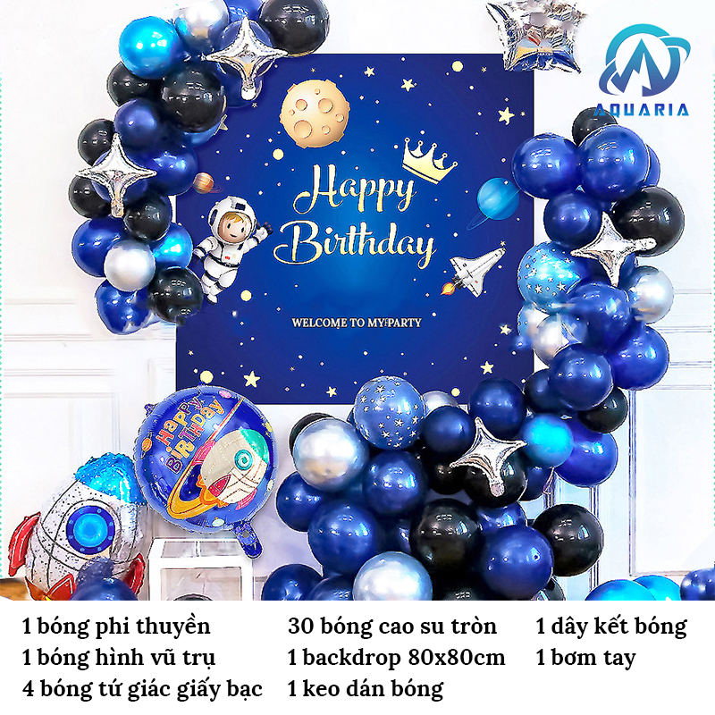 Sét Bong Bóng Trang Trí Sinh Nhật Happy Birthday Phi Hành Gia Vũ Trụ Tặng Kèm Bơm Tay Siêu Đáng Yêu