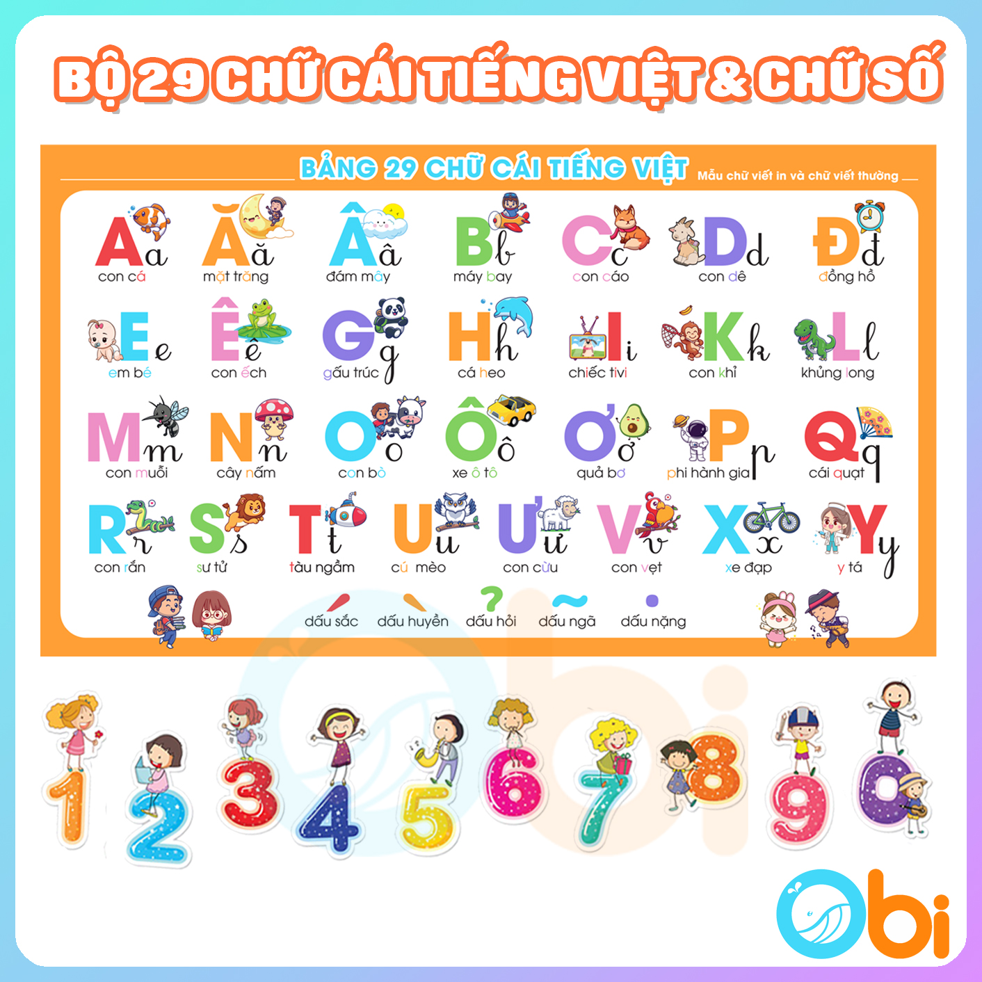 Bộ Decal Bảng 29 Chữ Cái Tiếng Việt  và Chữ Số Từ 0 đến 9 Obi