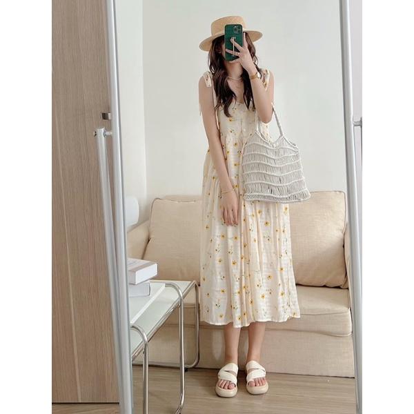 Váy Đầm Hai Dây Bản To Dáng Dài Hoa Nhí Vintage Cúc Ngực