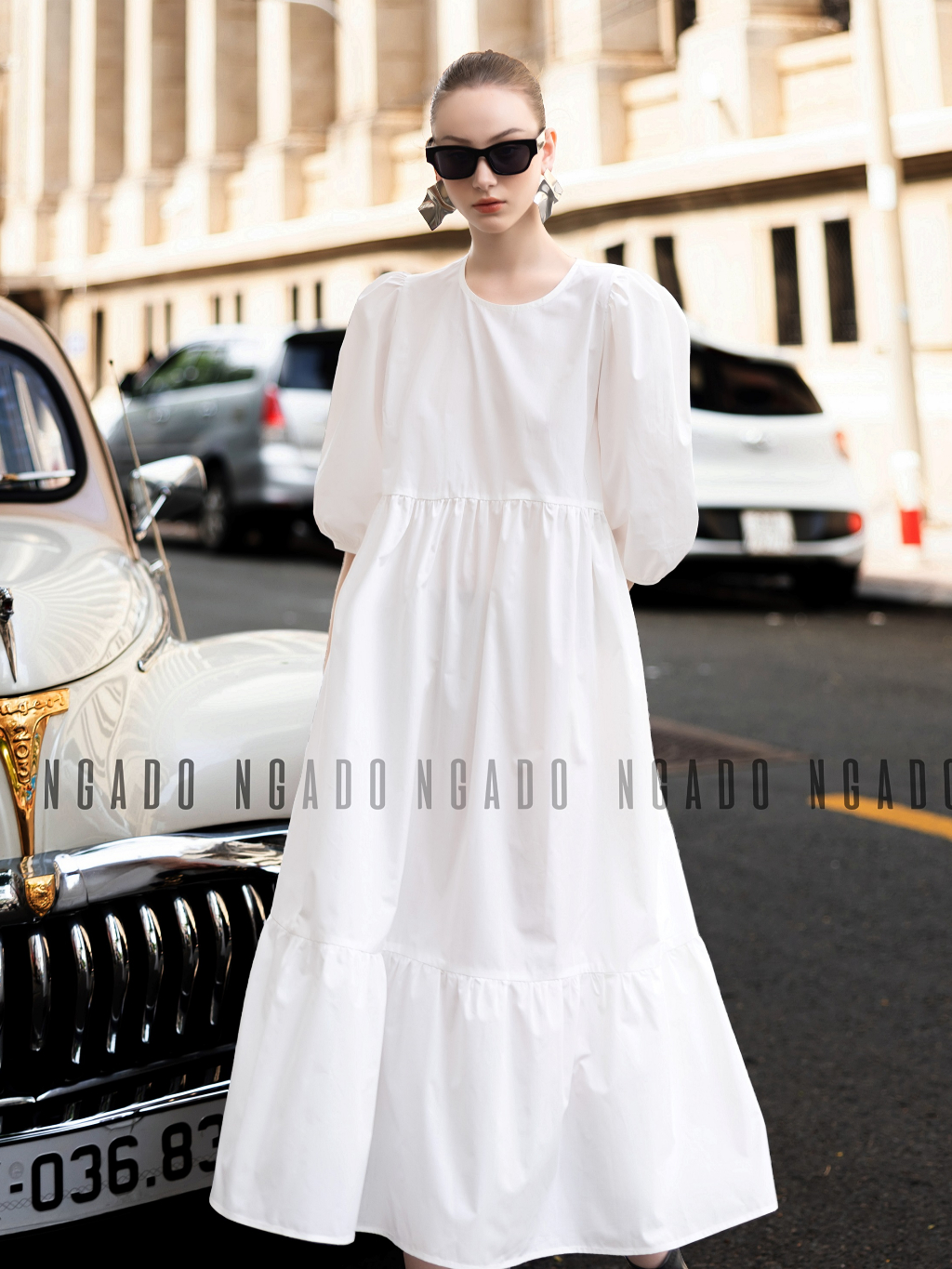 Đầm babydoll trắng tay lửng NGADO , đầm nữ , Đầm phom rộng dễ thương nữ thiết kế