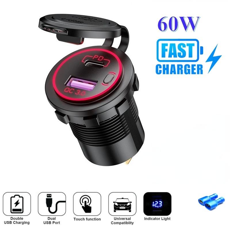 60W PD TYPE C/QC 3.0 Bộ sạc xe hơi USB với công tắc ổ cắm điện