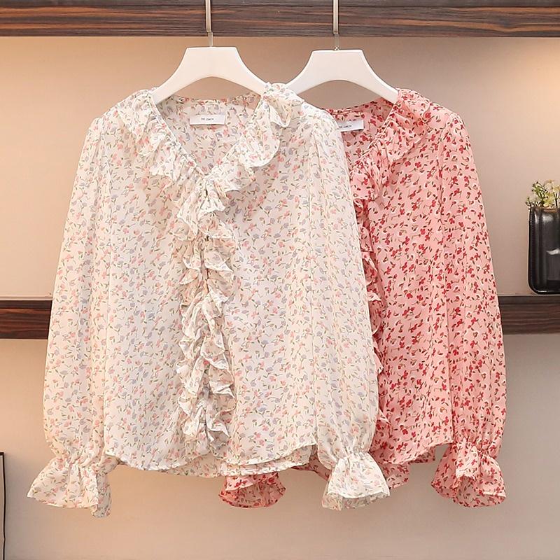 【Cocory】Korean Fashion Retro Temperament Slim V-neck Long Sleeve Loose Floral Women Blouse Shirts