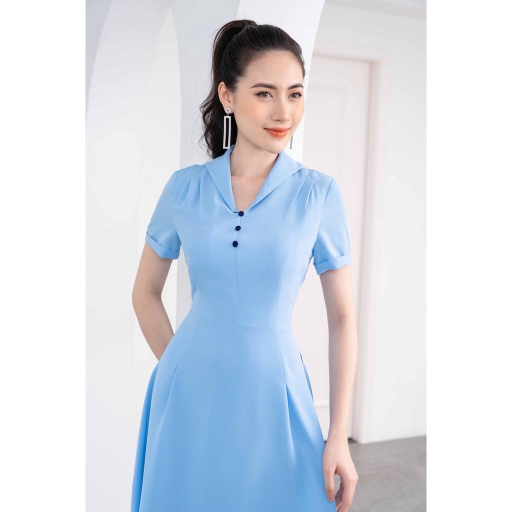 Đầm chiffon xanh ngọc, dáng xòe, cổ sam đính cúc TOSON 44071A11