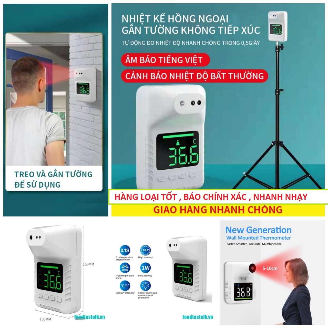 Nhiệt kế đo trán hồng ngoại điện tử tự động gắn tường có giọng nói cảnh báo loại tốt đo tex nhanh