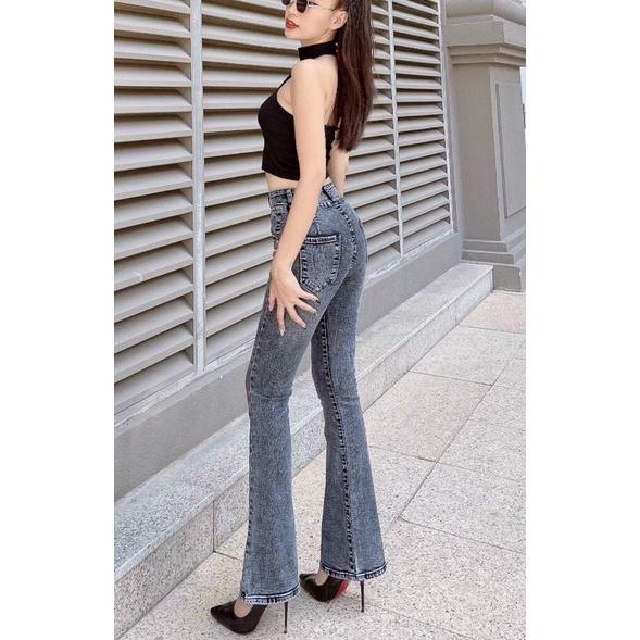 Quần Jeans Nữ Ống Loe Dài Lưng Cao Co Giãn Màu Xám