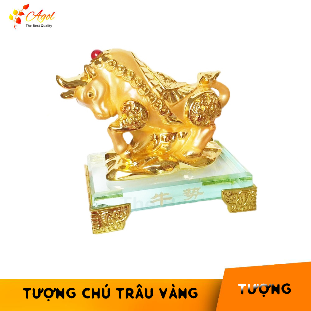 TƯỢNG CHÚ TRÂU VÀNG  ĐẾ THỦY TINH CAO CẤP - Trâu Vàng Kim Tiền