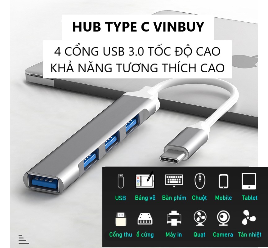 HUB TYPE C Và HUB USB 3.0 Tốc Độ Cao Chia 4 Cổng VinBuy, HUB Chuyển Đổi Dành Cho Macbook Pro Laptop PC Hỗ Trợ Sạc Pin Kết Nối Đa Năng Ổ Cứng Bàn Phím Chuột Máy In, Thiết Bị Ổ Chia USB - Hàng Chính Hãng