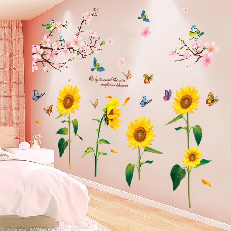 DECAL DÁN TƯỜNG CÀNH ĐÀO HỒNG 6 VÀ HƯỚNG DƯƠNG VÀNG