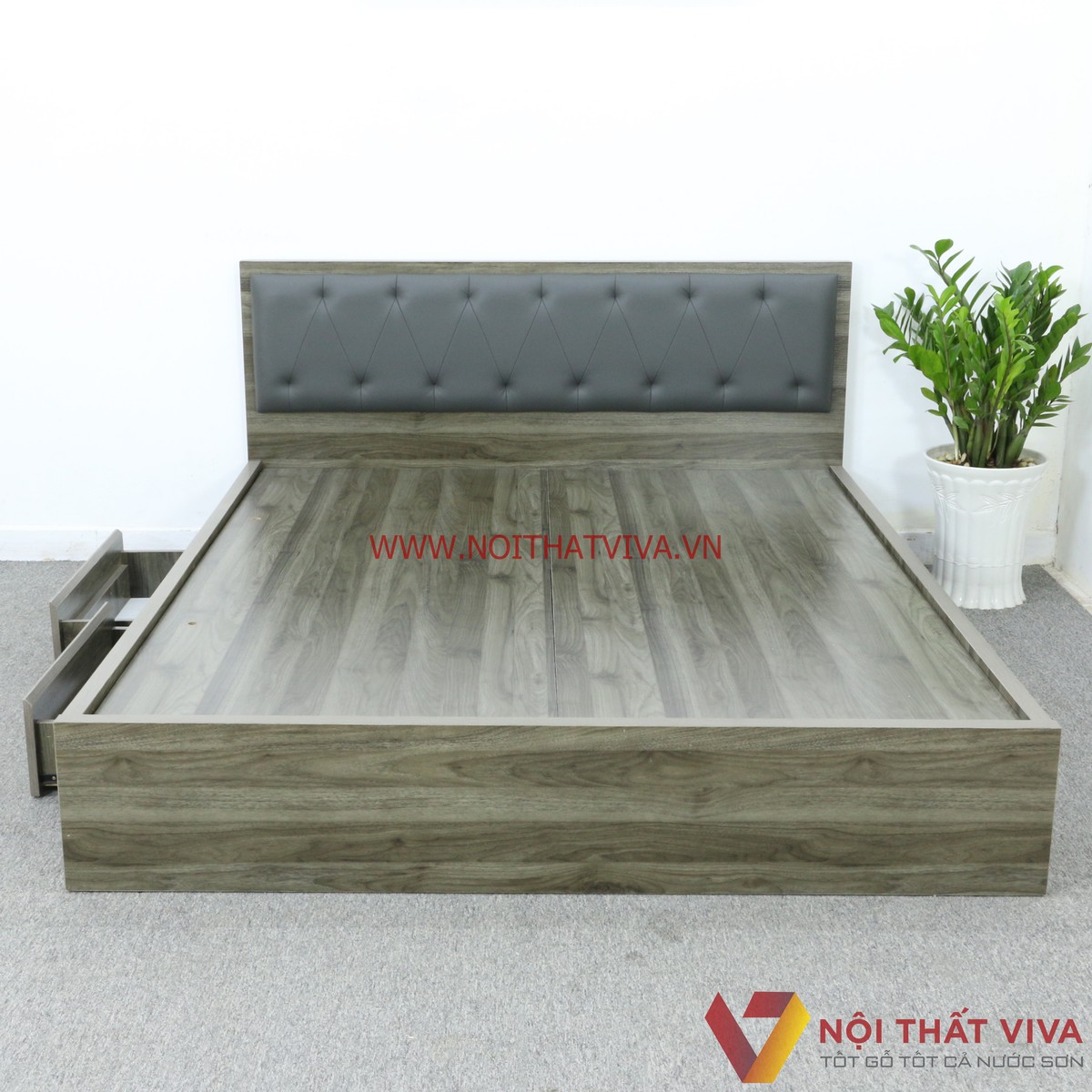 Giường Ngủ Gỗ MDF Phủ Melamine Màu Xanh Rêu Hộc Kéo Đầu Nệm Đen Sang Trọng