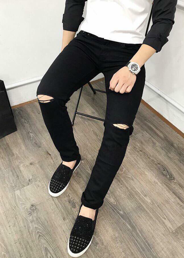 Quần Jean Nam Rách Gối Màu Đen Trơn