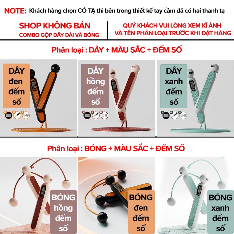 Dây nhẩy thể lực không dây đếm số đàn hồi dài 2.9m có tay cầm chống trơn trượt tập nhiều chế độ giúp săn chắc cơ thể