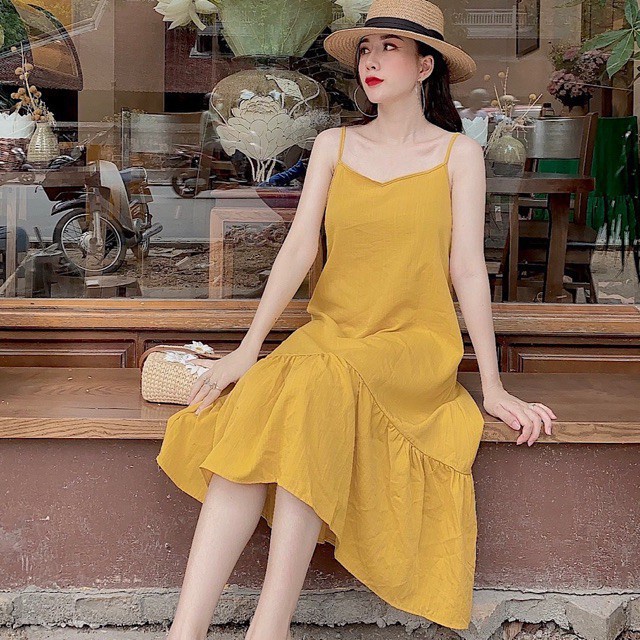 Váy maxi đi biển hai dây chất đũi mát freesize nhiều màu - Đầm đuôi cá dáng rộng dạo phố bầu bí bon chen