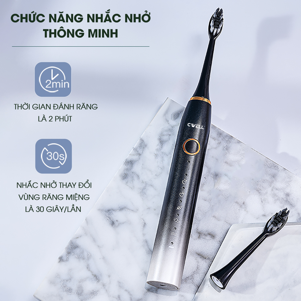 Bàn chải điện CWELL S1 PRO, 5 chế độ đánh răng tự động, tặng kèm 5 đầu bàn chải chống nước IPX8 chải sạch mảng bám tới 10X