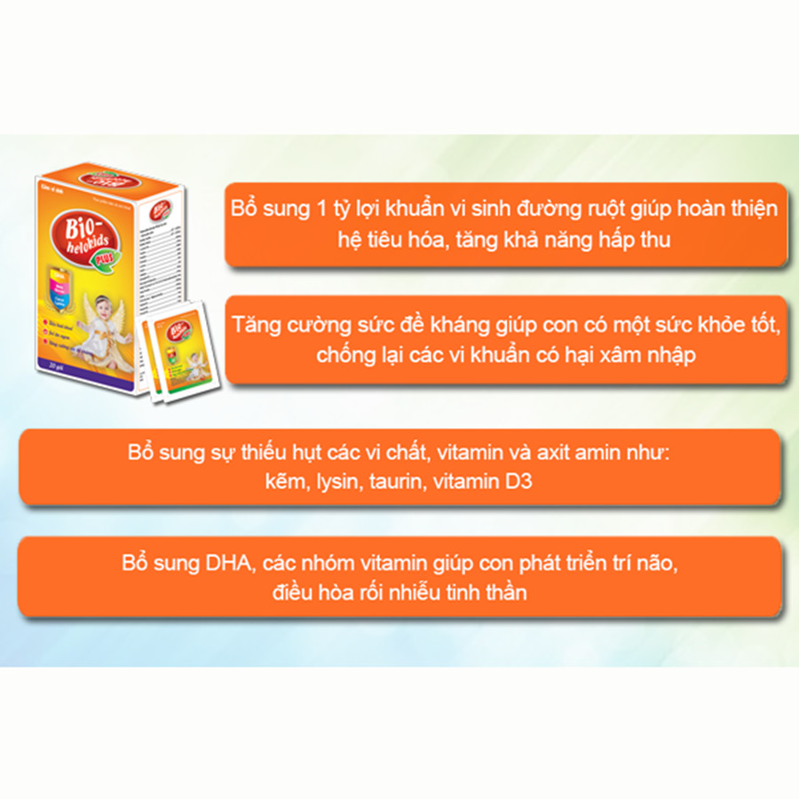 Thực phẩm bảo vệ sức khỏe Bio - Helokids X Plus (Hộp 20 gói x 3g)_Giúp tăng cường chuyển hóa các loại thức ăn, dễ hấp thu dưỡng chất, phòng ngừa, cải thiện các triệu chứng rối loạn tiêu hóa, hỗ trợ tăng cường sức đề kháng, giúp duy trì và phục hồi sức khỏe tổng thể