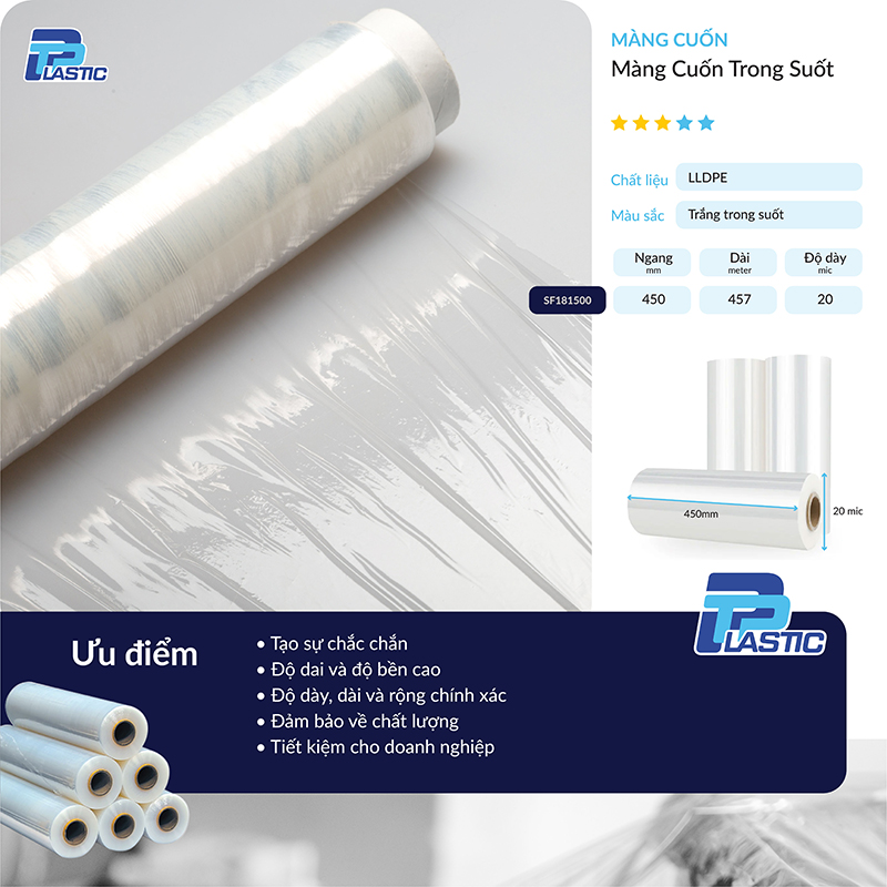 Màng PE Quấn Hàng Pallet TPP, PE Stretch Film, Màng Nhựa Bọc Hàng, Màng Co, Màng Cuốn Hàng,Màng Chít, 3.96kg/cuộn, TRONG SUỐT