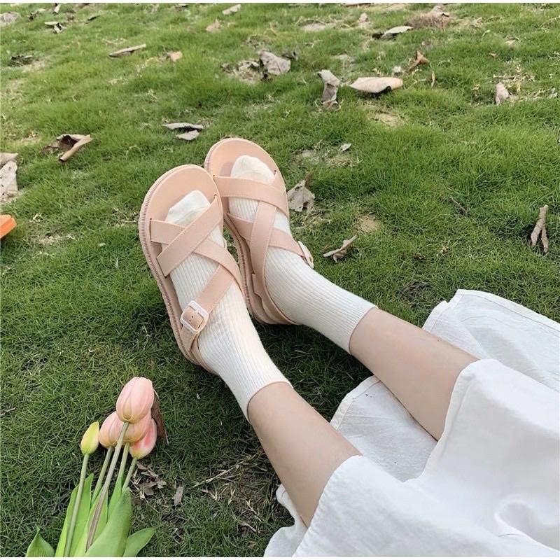 Giày sandals nữ đan chéo màu pastel xinh xắn summer 2021