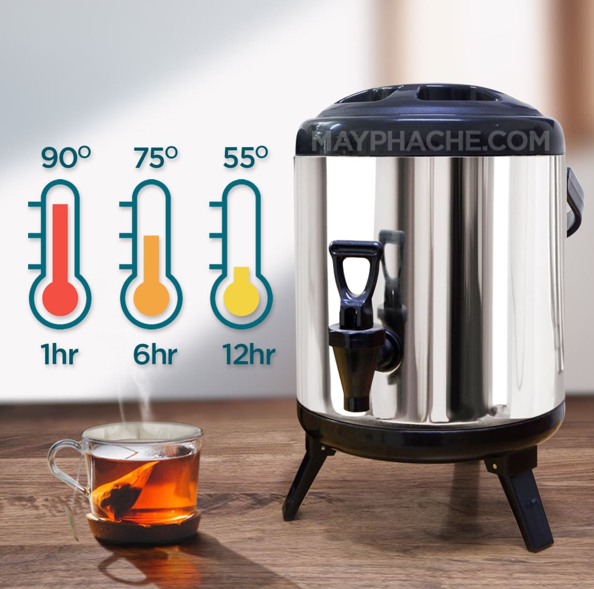 Bình Ủ Trà Giữ Nhiệt Inox 304 Có Vòi Bấm Nước- Dung Tích 8-12 L - Hàng Loại 1- Chính Hãng MINIIN