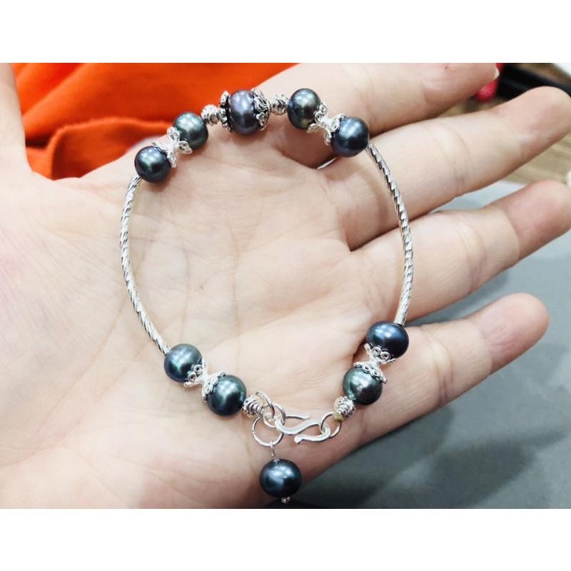 Vòng Tay, Lắc Tay Hạt Ngọc Trai Thật Nước Ngọt Bạc 925 Màu Xanh Đen - Trường Thịnh Ngọc Trai