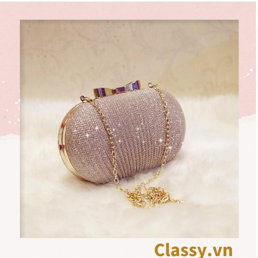 Clutch Classy cầm tay đi tiệc màu be hình bầu dục , đính đá sequin lấp lánh T589