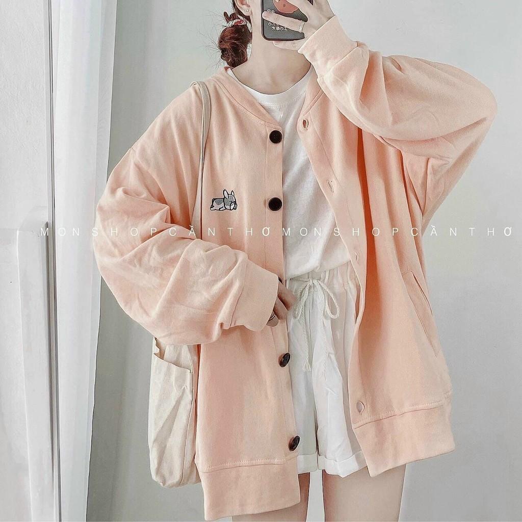 Áo Khoác Nỉ Cardigan Ulzzang Thêu Cún Cực Xinh Form Rộng, Áo Sweater Nữ Dài Tay Basic Áo Nỉ Nữ Form Rộng Style Hàn Quốc Chất Vải Da Cá Màu Trắng Đen Xám