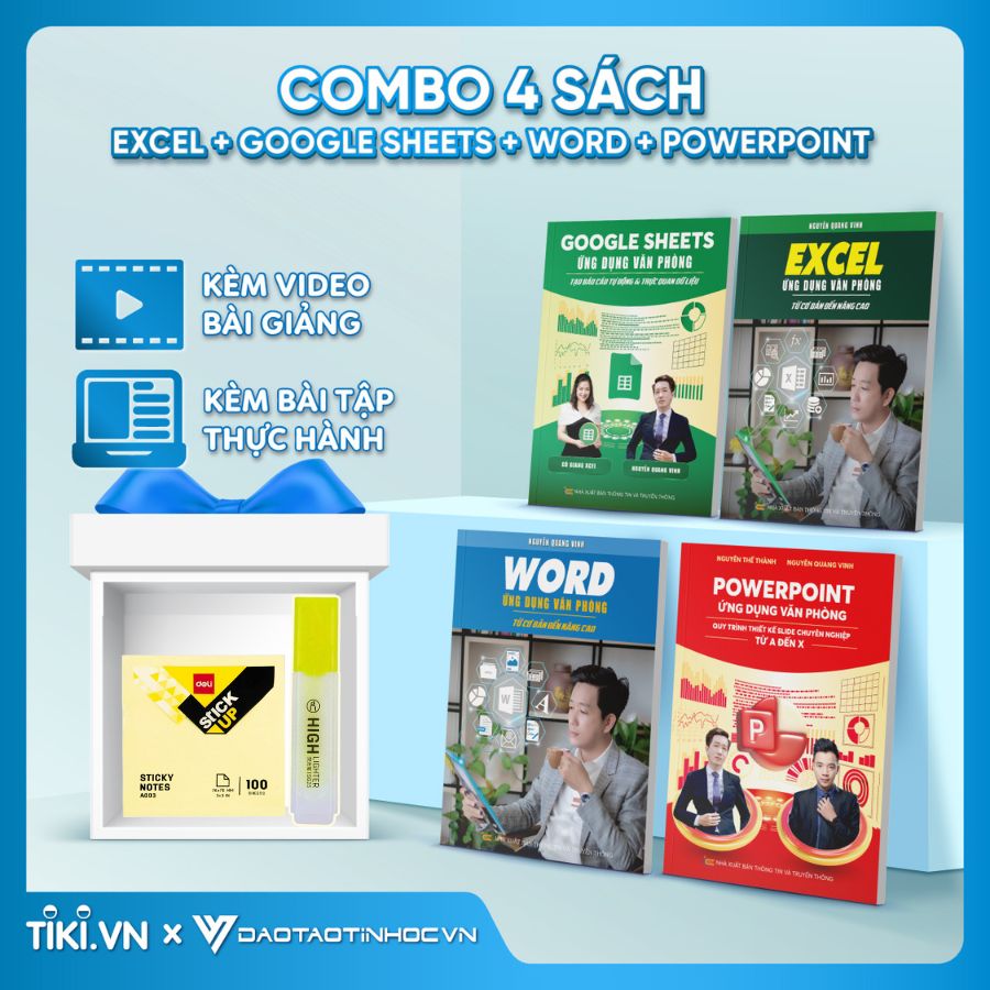 Combo 4 Sách Excel - Word - PowerPoint - Google Sheets Ứng Dụng Văn Phòng Kèm Khoá Học Video ĐÀO TẠO TIN HỌC