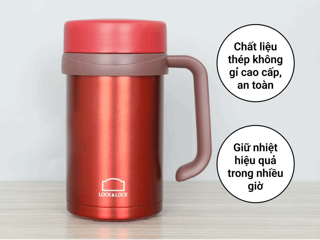 Bình Giữ Nhiệt Lock&amp;Lock New Basic Table màu đỏ LHC4026RR 500ml - Hàng chính hãng, nắp bình 3 lớp tiện lợi - JoyMall