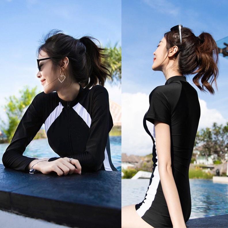 Bikini, bodysuit có tay màu đen chạy sọc trắng FORM SHORT
