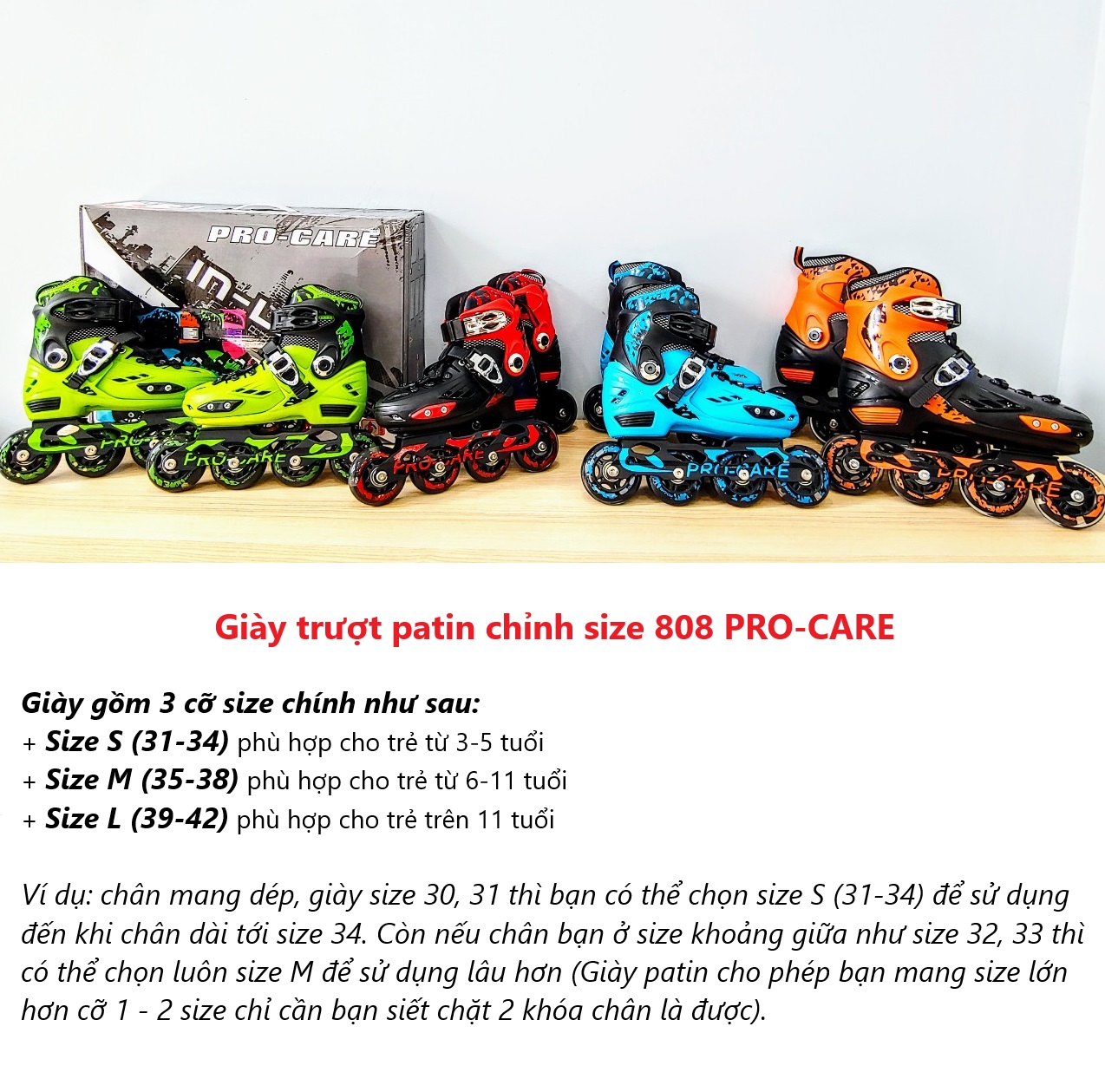 Giày Trượt Patin 1 Hàng Bánh 808 PRO-CARE (có thể điều chỉnh kéo dài thêm 3 size) - Hàng Chính Hãng