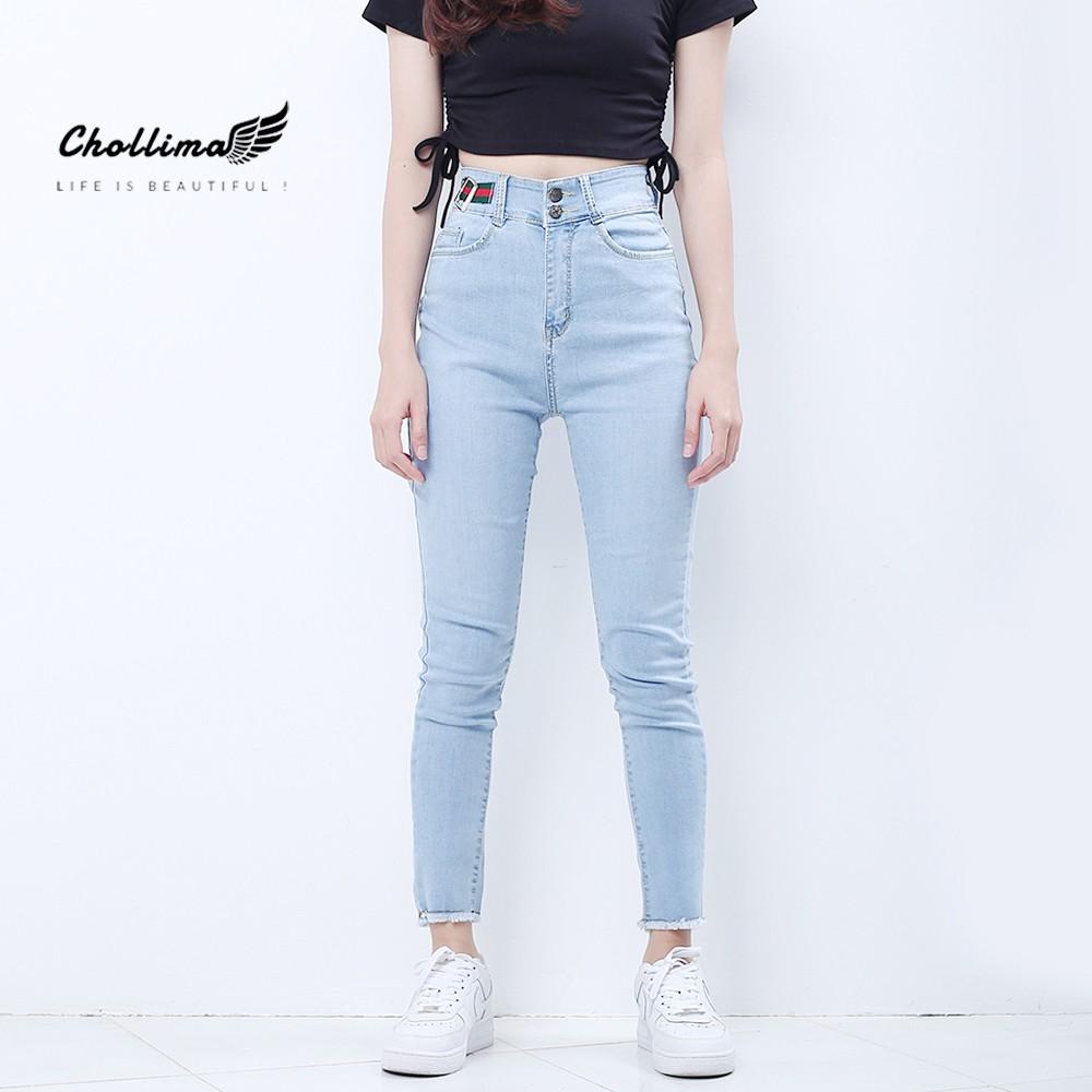 Quần jeans nữ co giãn Chollima cạp siêu cao đắp nịt màu xanh trắng QD025