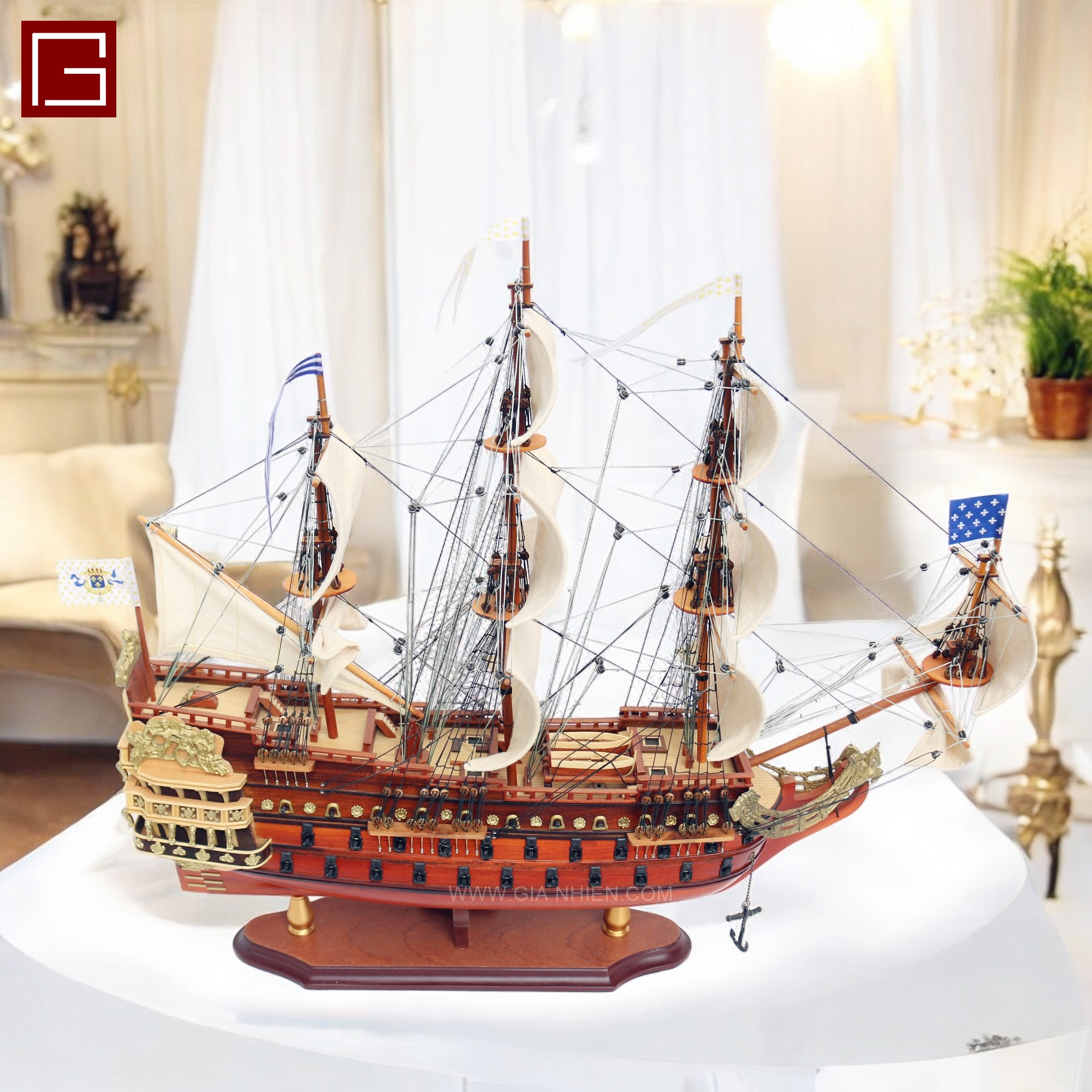 Thuyền gỗ Soleil Royal, mô hình thuyền gỗ phong thủy gỗ tràm nhiều kích thước, hàng thủ công chính hãng